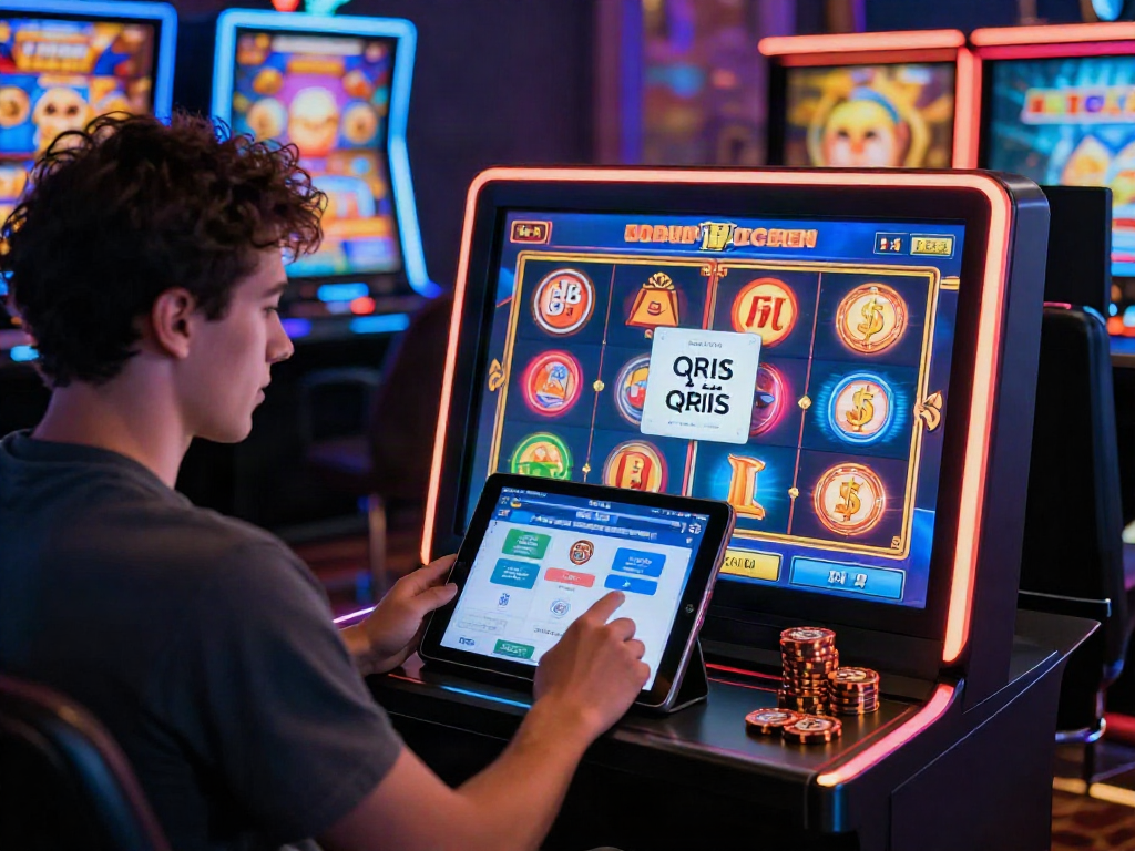 Player engaging with slot qris payment options in vibrant online casino.