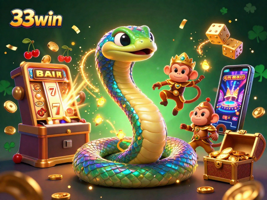 Engaging illustration depicting 33win with colorful casino elements and a vibrant jackpot scene.