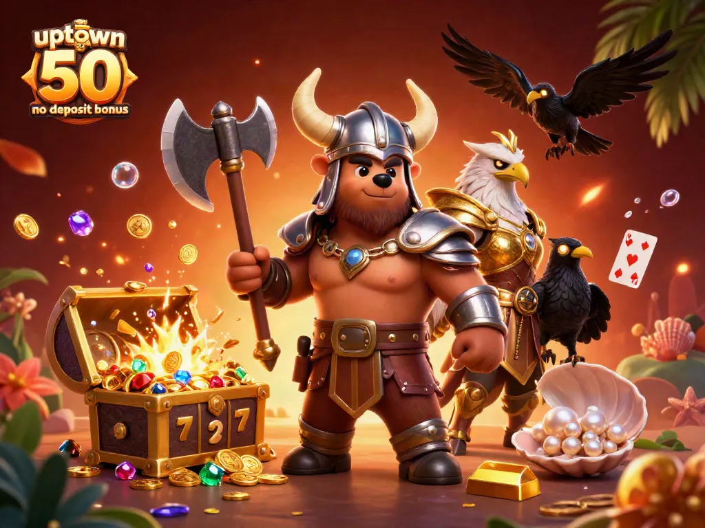 Claim the uptown aces 50 no deposit bonus and win big with this vibrant casino-themed illustration.
