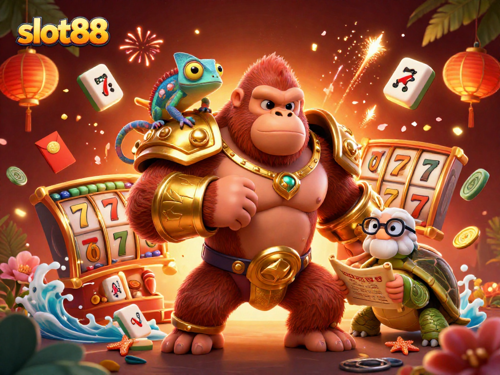 Experience excitement at slot88 with vibrant 3D casino characters amidst spinning slot reels.