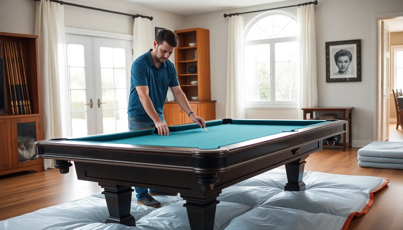 Expert pool table mover expertly disassembling a slate pool table in a well-lit home environment.