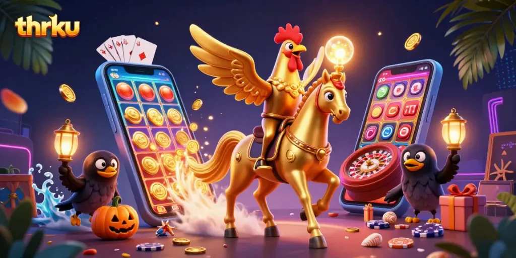 Engage with thrilling gaming moments at thrku, featuring a golden rooster in a vibrant casino scene.