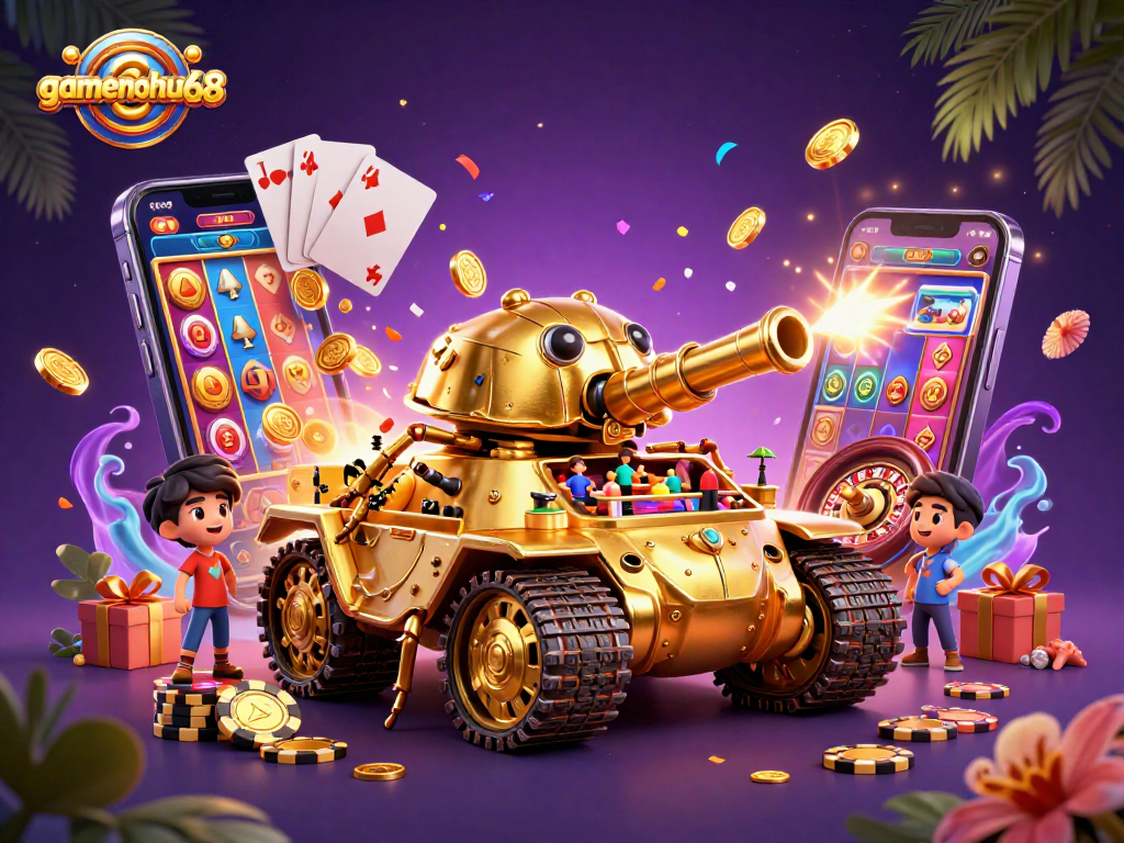 Experience the excitement of gamenohu68 with a vibrant 3D casino scene featuring colorful games and festive elements.