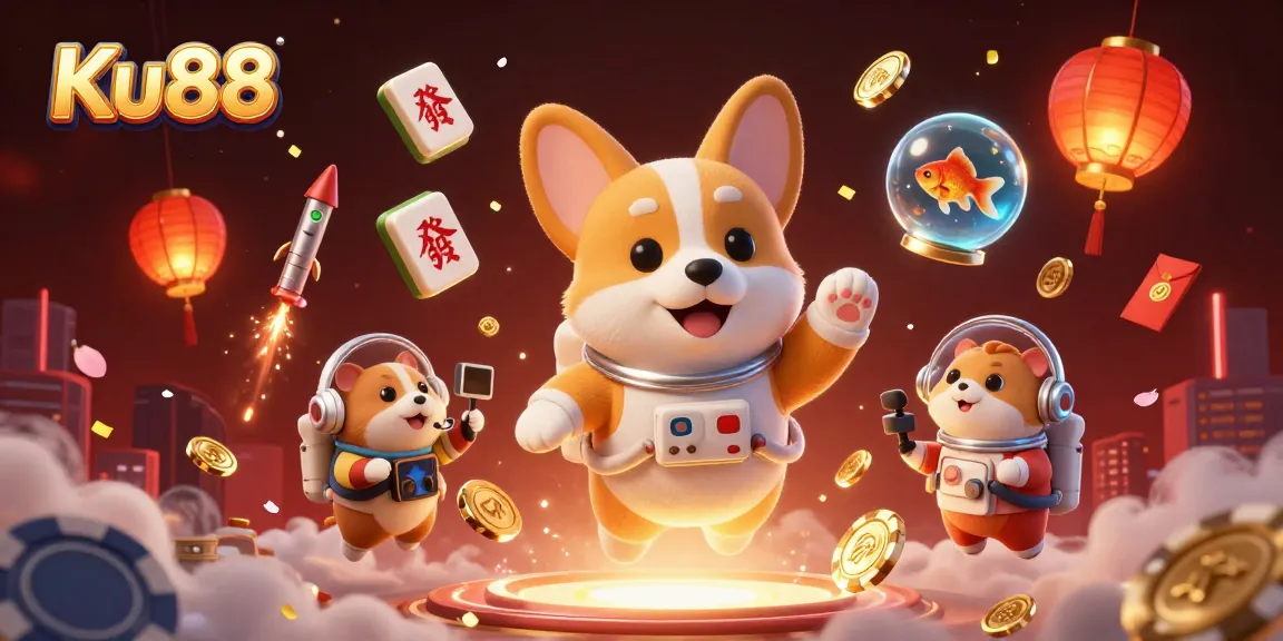 Engage with Ku88's vibrant casino scene featuring a corgi astronaut and festive decorations.