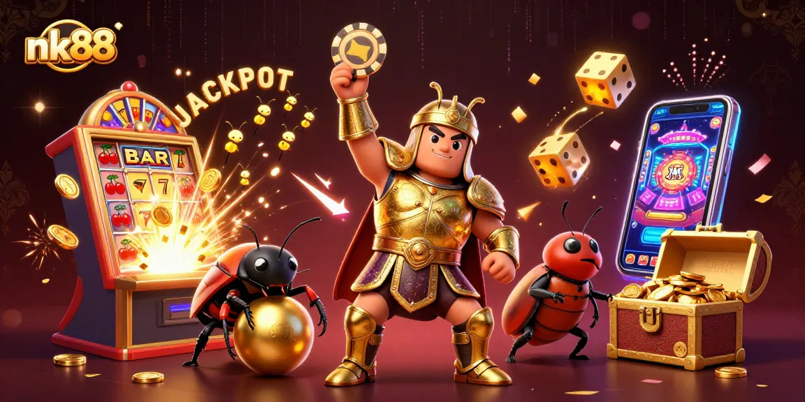 Experience an exciting nk88 jackpot scene with animated beetles and vibrant casino elements.
