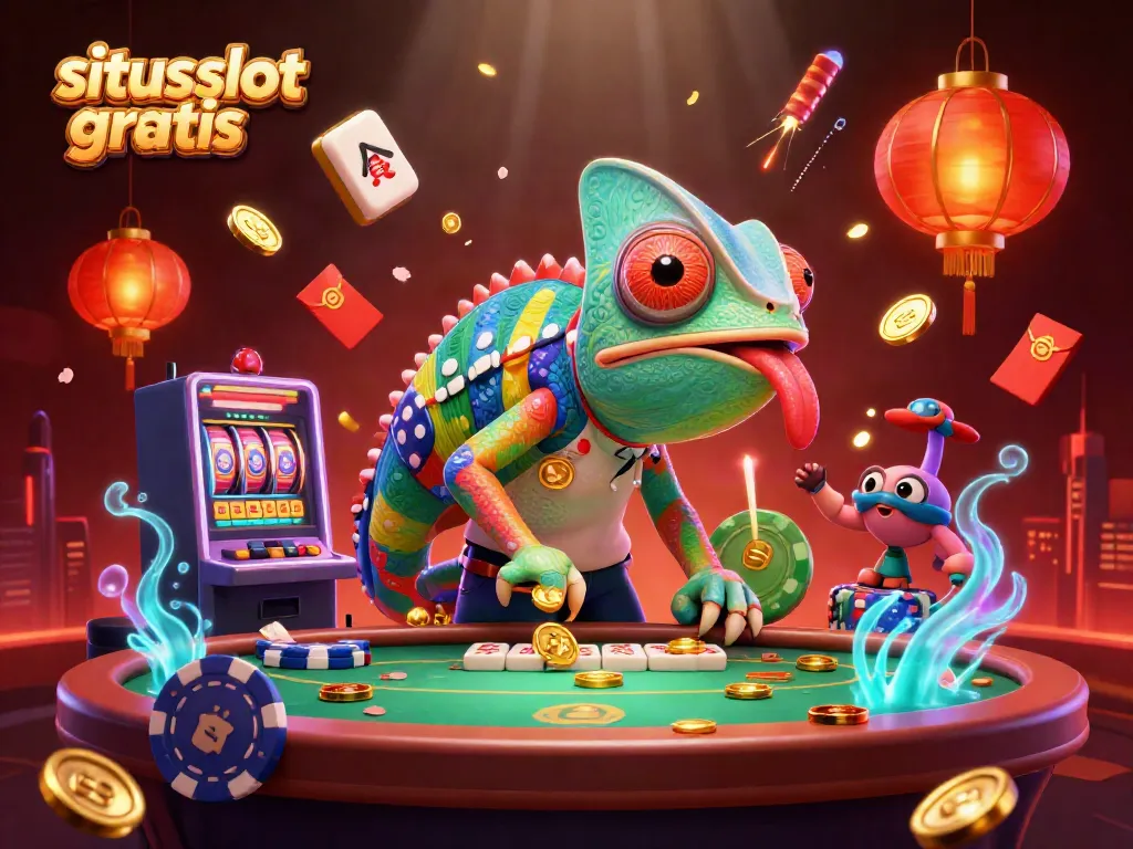 Engage in situs slot gratis excitement with colorful casino characters and elements, including slot machine reels.