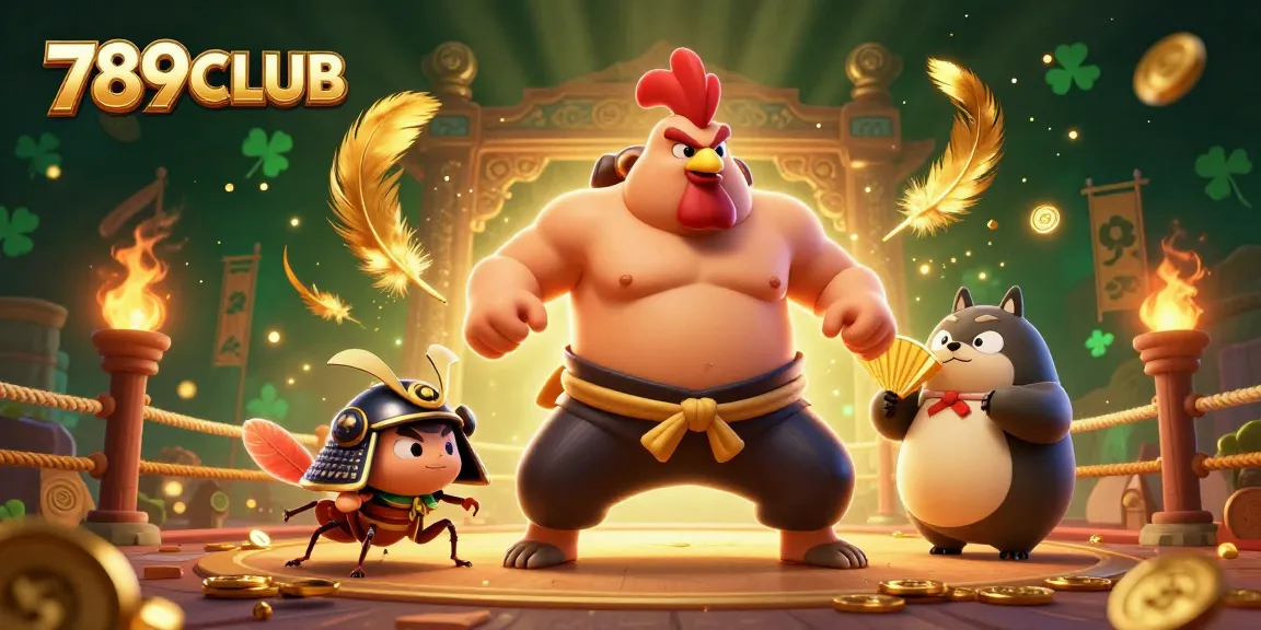 Engage with the 789CLUB gaming experience featuring a colossal sumo rooster and dynamic characters amidst vibrant casino elements.