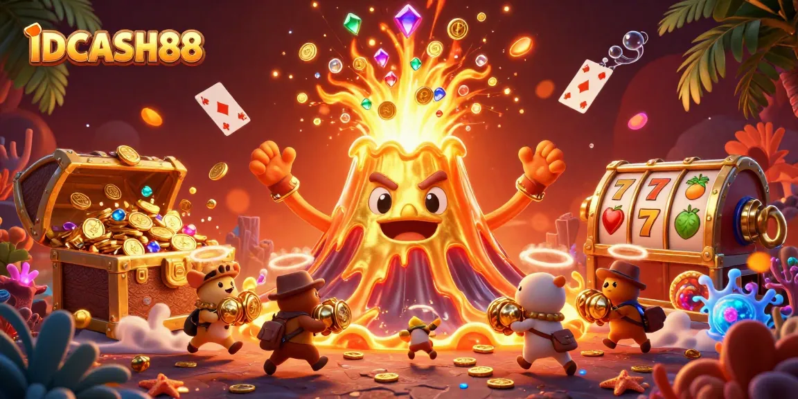 Experience unrivaled excitement with IDCASH88, featuring vibrant slot elements and an erupting volcano.