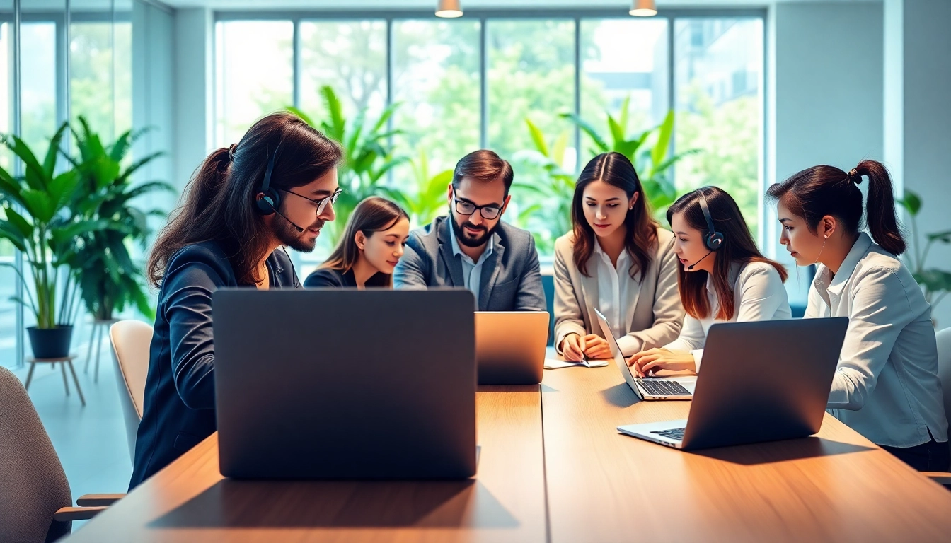 IT business support team collaborating in a modern office, showcasing teamwork and technology.