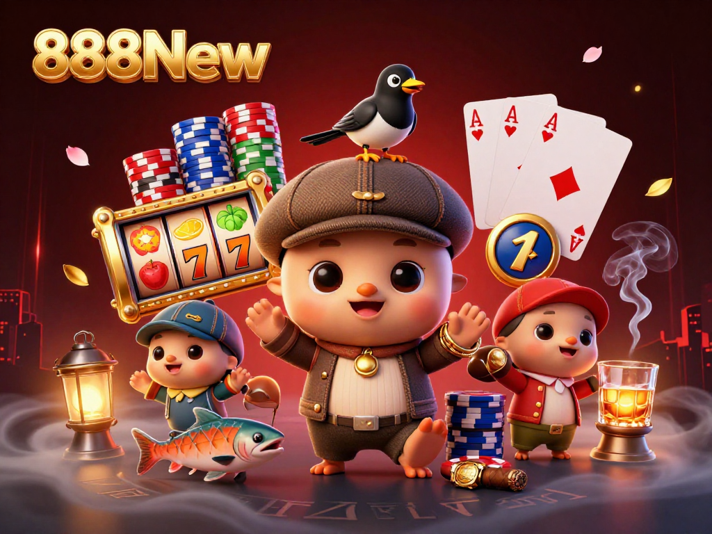 Spin to win with 888New at a vibrant, casino-themed illustration featuring Nessie and friends.
