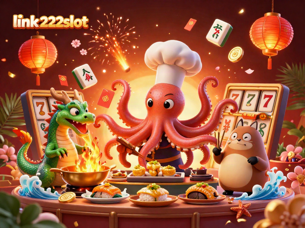 Permainan link 222slot ditampilkan melalui koki sushi gurita 3D yang menyiapkan hidangan emas dalam suasana kasino yang semarak.
