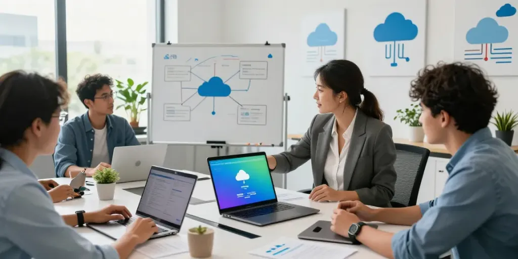 Team of IT professionals collaborating in a cloud environment, showcasing microsoft azure managed service provider efforts in a modern office.