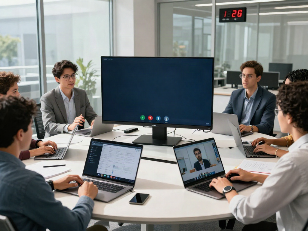 Deepfake protected conferencing in a secure corporate video meeting with diverse professionals engaged and using technology.