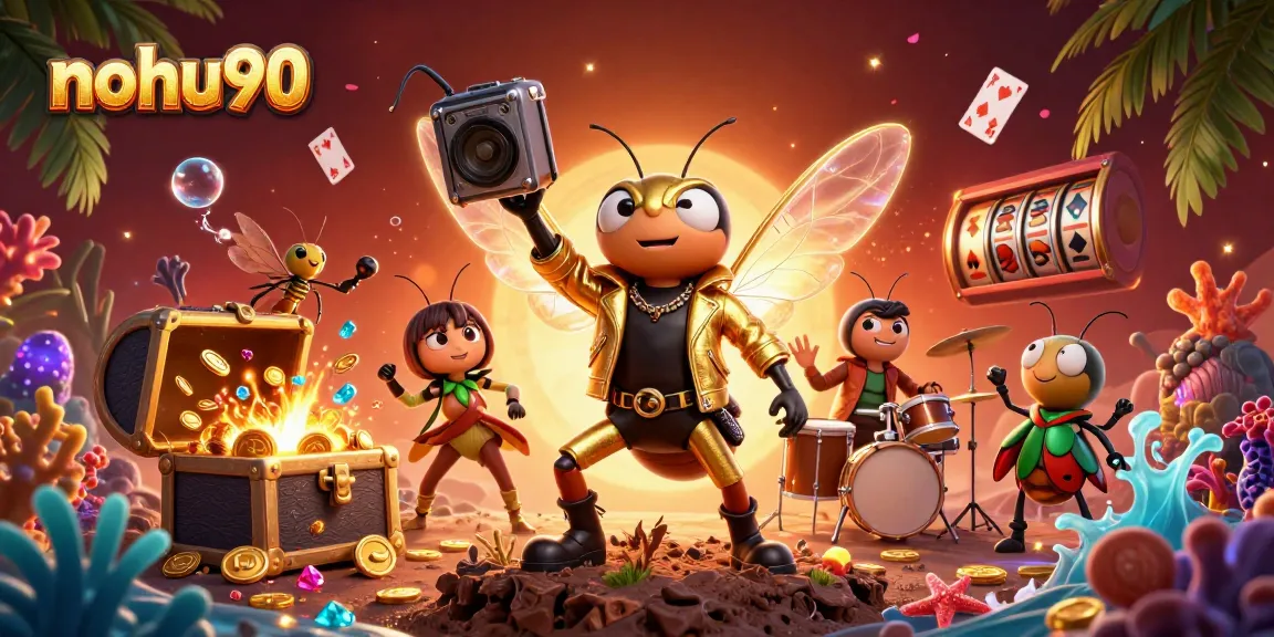 Nohu90 showcases exciting slots with a rock star and vibrant animations in this captivating illustration.