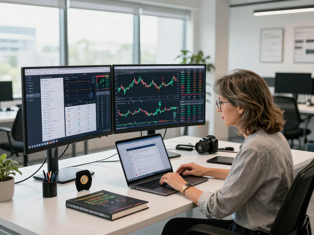 La mujer analizando datos en un entorno tecnológico de Immediate Edge, rodeada de gráficos de criptomonedas y un ambiente de trabajo moderno.