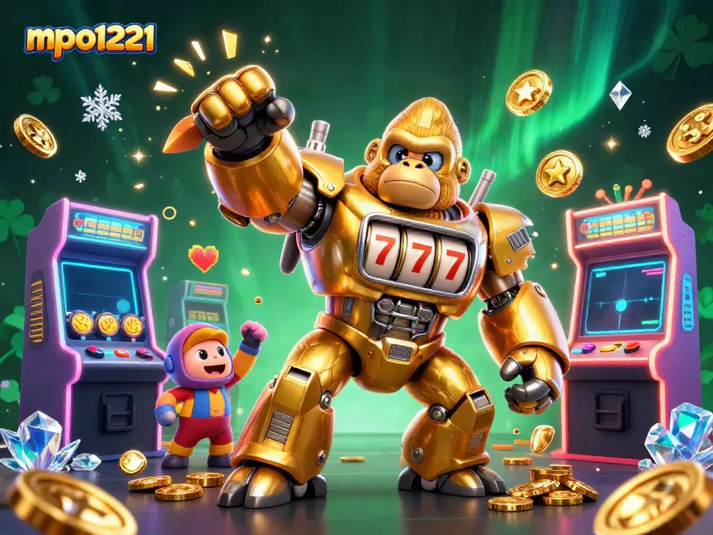 Engage in thrilling action at mpo1221, featuring a golden gorilla mech and vibrant casino visuals.