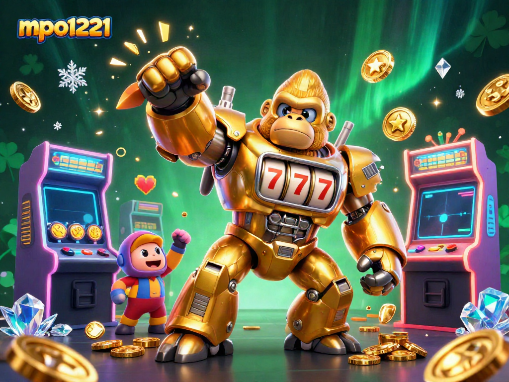 Engage in thrilling action at mpo1221, featuring a golden gorilla mech and vibrant casino visuals.
