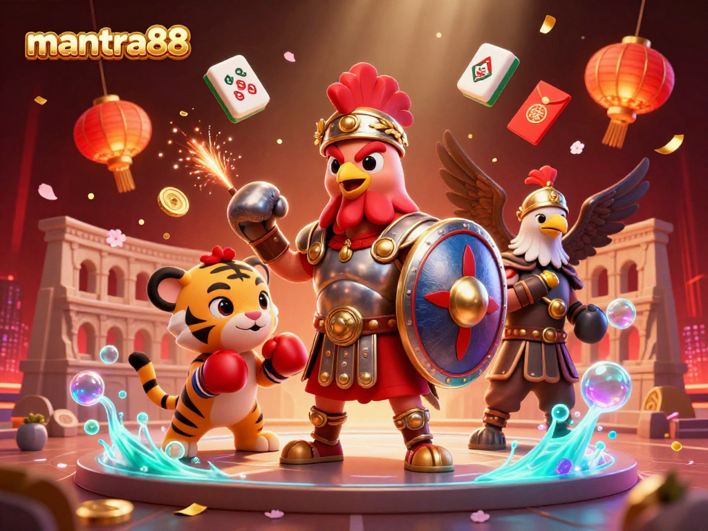 Watch mantra88 come alive with a roaring gladiator rooster, vibrant game elements, and a dynamic casino atmosphere.