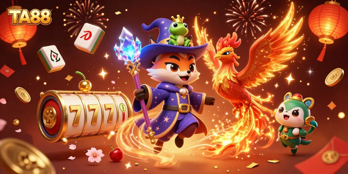 Experience excitement with TA88 in our vibrant casino-themed illustration showcasing gaming elements and magical characters.