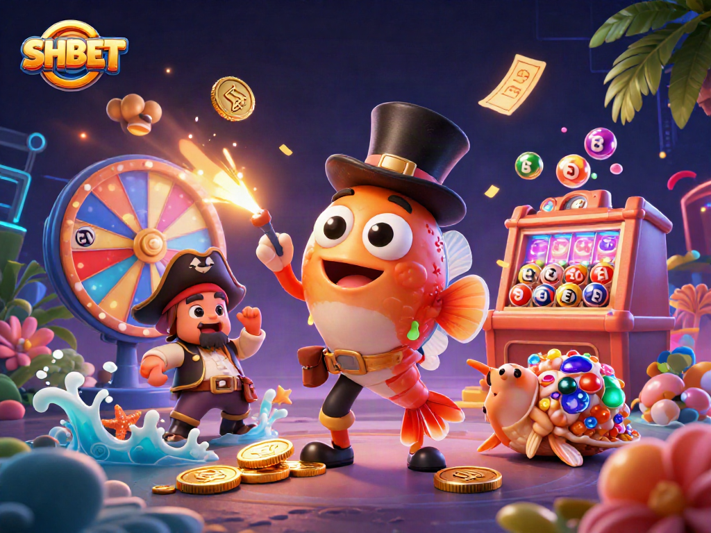 Engage with SHBET's thrilling games illustrated by colorful characters and elements in a vibrant casino scene.