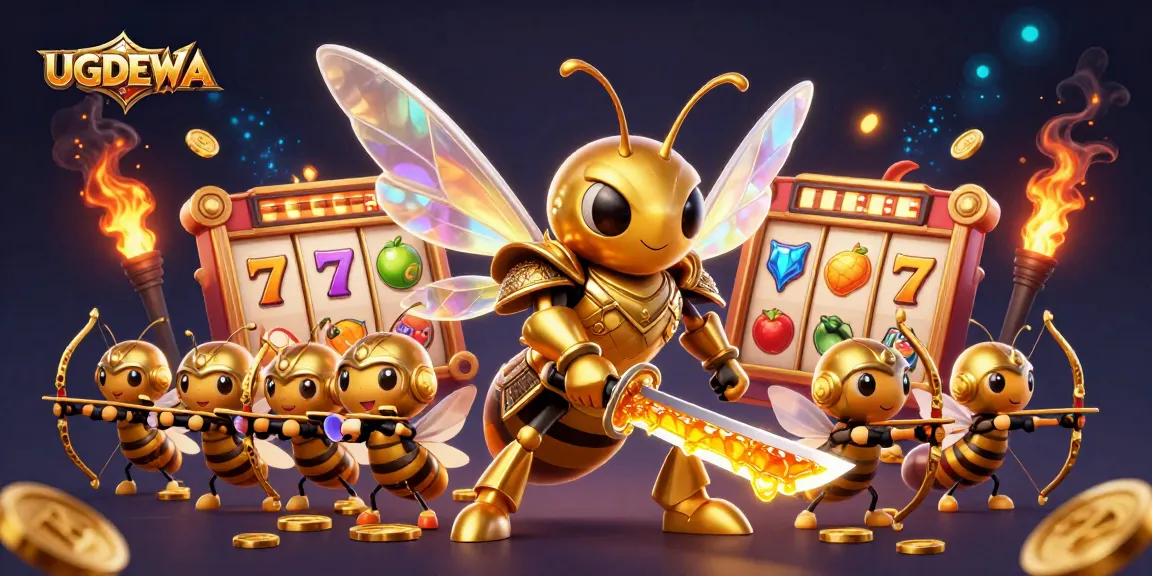 UGDEWA's vibrant slot game scene with a golden hornet in samurai armor surrounded by lively game elements.