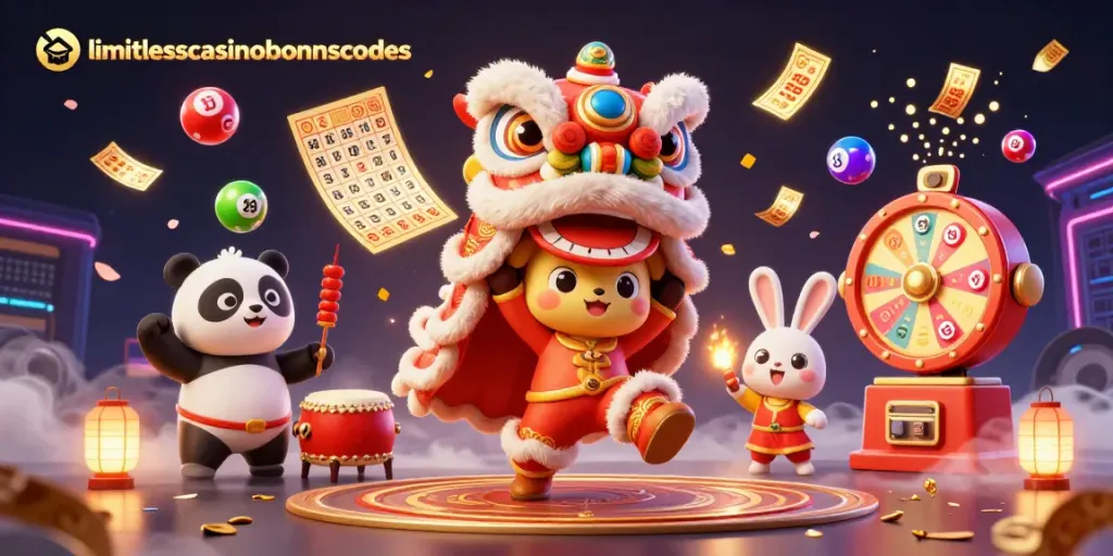Engage with limitlesscasinobonuscodes through vibrant dynamic gaming elements in a festive illustration.