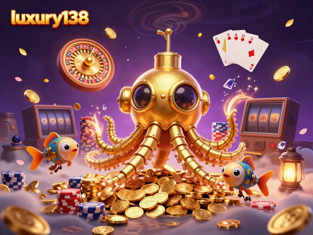 Experience luxury138 as a golden kraken submarine emerges from a sea of coins amidst casino excitement.