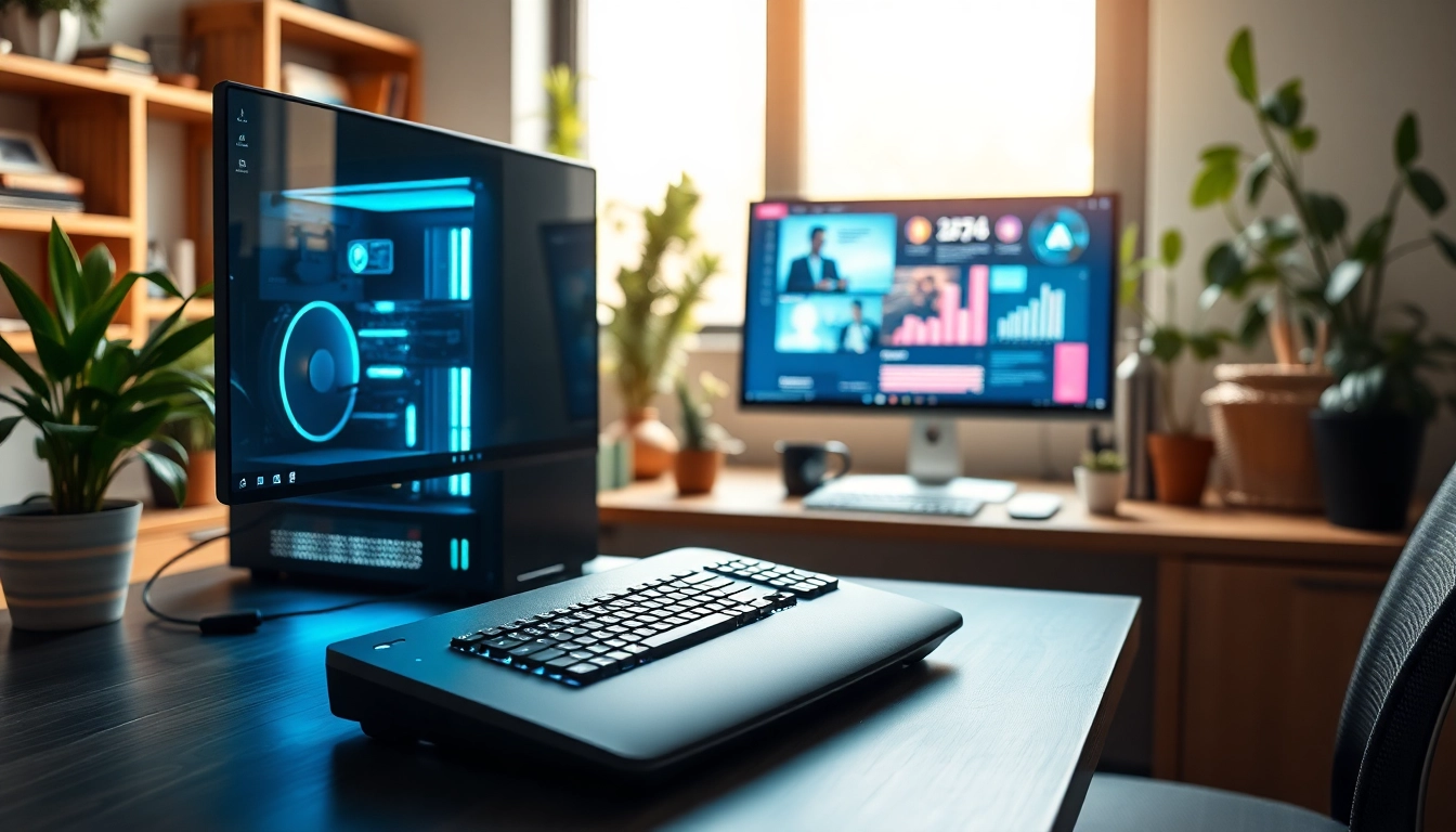 Προϊόντος pc ανακατασκευασμένος σε ένα σύγχρονο γραφείο με φυσικό φωτισμό.