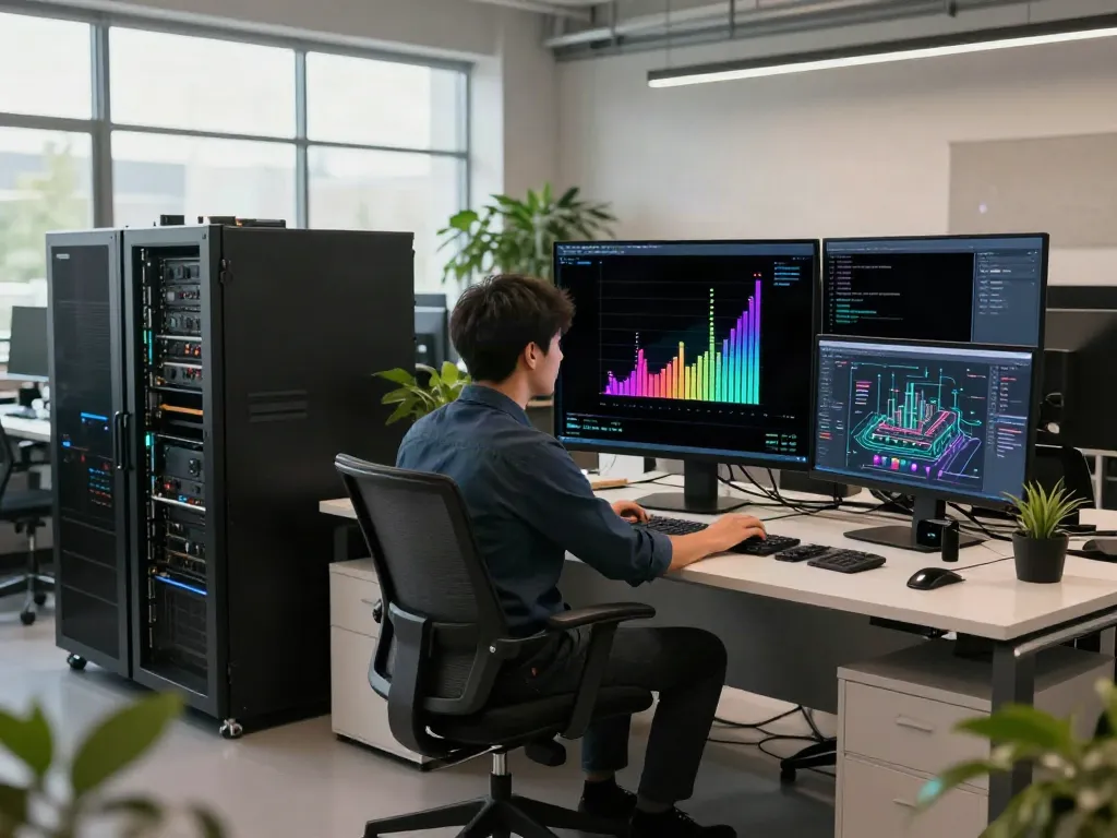 Engineer's workspace with GPU computing metrics for AI infrastructure.