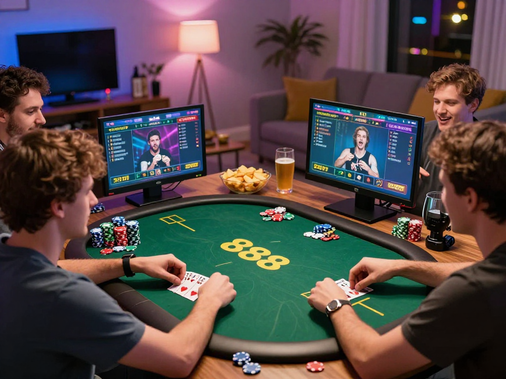 Friends enjoying a lively Poker88 gaming session, colorful chips, and screens displaying excitement.
