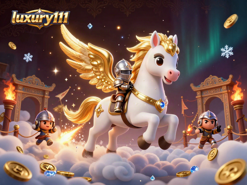 Watch luxury111 soar as the knight rides a celestial horse through an energetic casino scene.