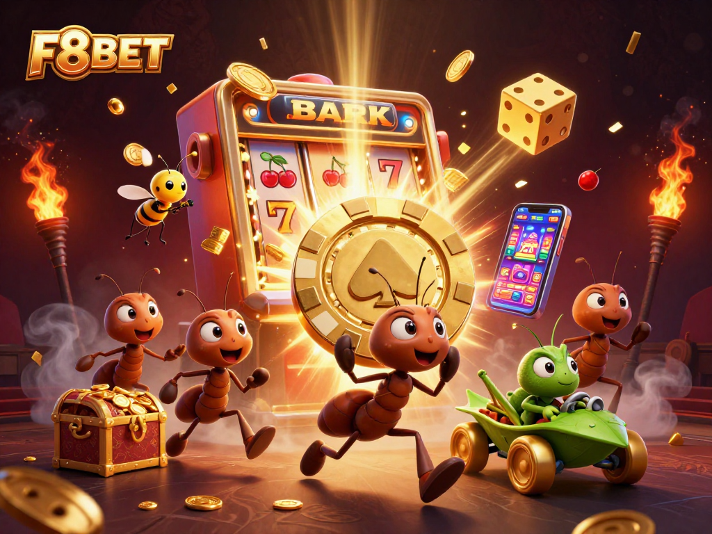 Experience thrilling gameplay at F8BET with a heist scene featuring playful ants and casino elements.