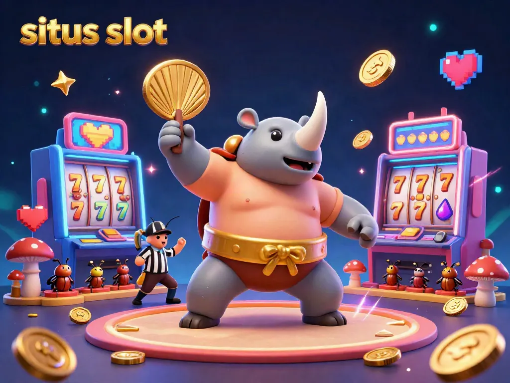 Situs slot champions battle with coins and vibrant slot machines in a 3D cartoon illustration.