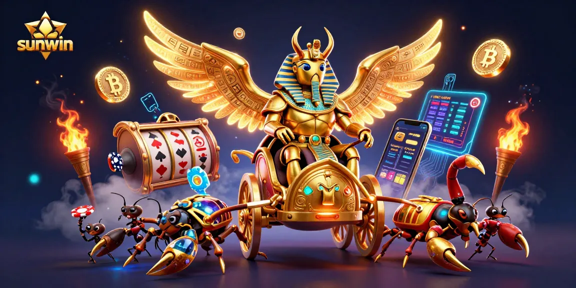 Engage with sunwin's thrilling slots featuring golden scarabs and vibrant casino elements.