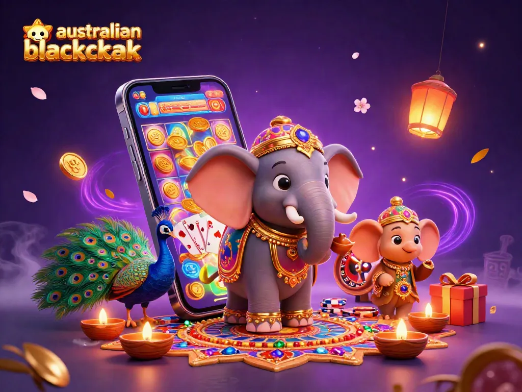 Engage in australian online blackjack with vibrant gaming elements and festive characters.