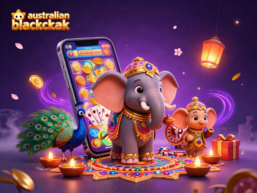 Engage in australian online blackjack with vibrant gaming elements and festive characters.